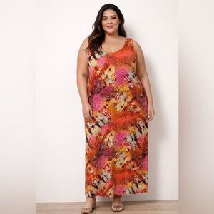 Avenue Beige and Pink Floral Sleeveless Dress